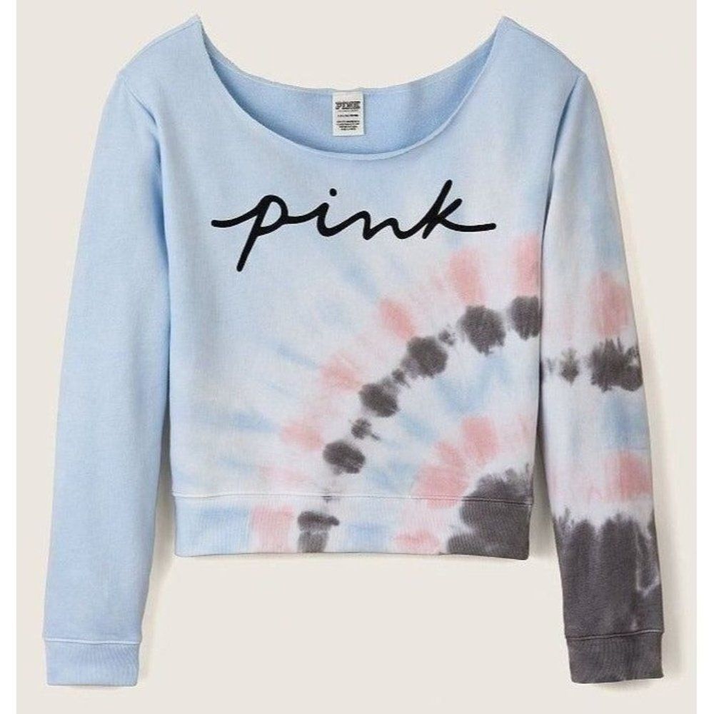 PINK VS XL Blue Tie Dye Off Shoulder Crew Neck Sweatshirt Victoria Secret